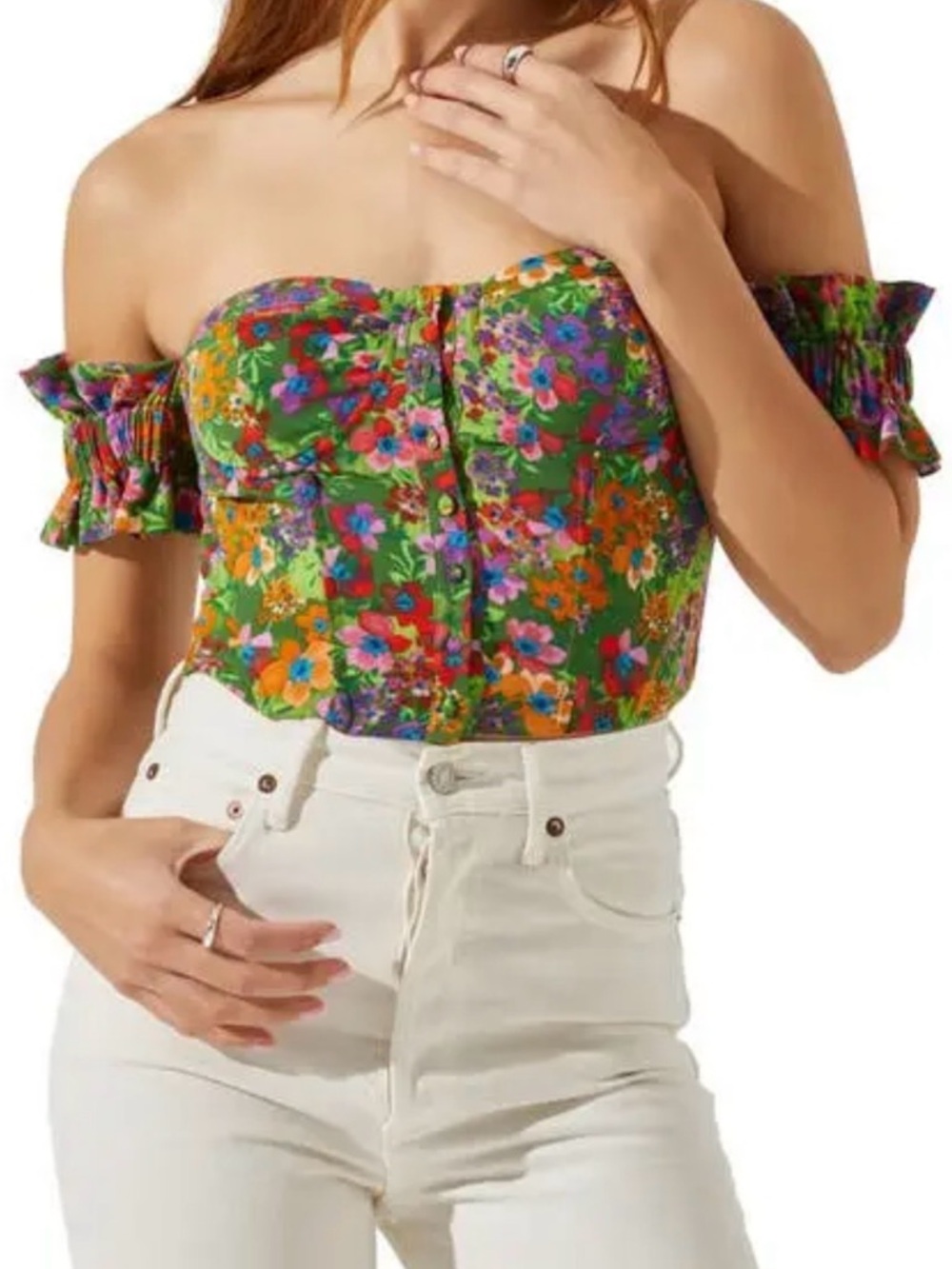 Astr Green Floral Off-Shoulder Crop Top